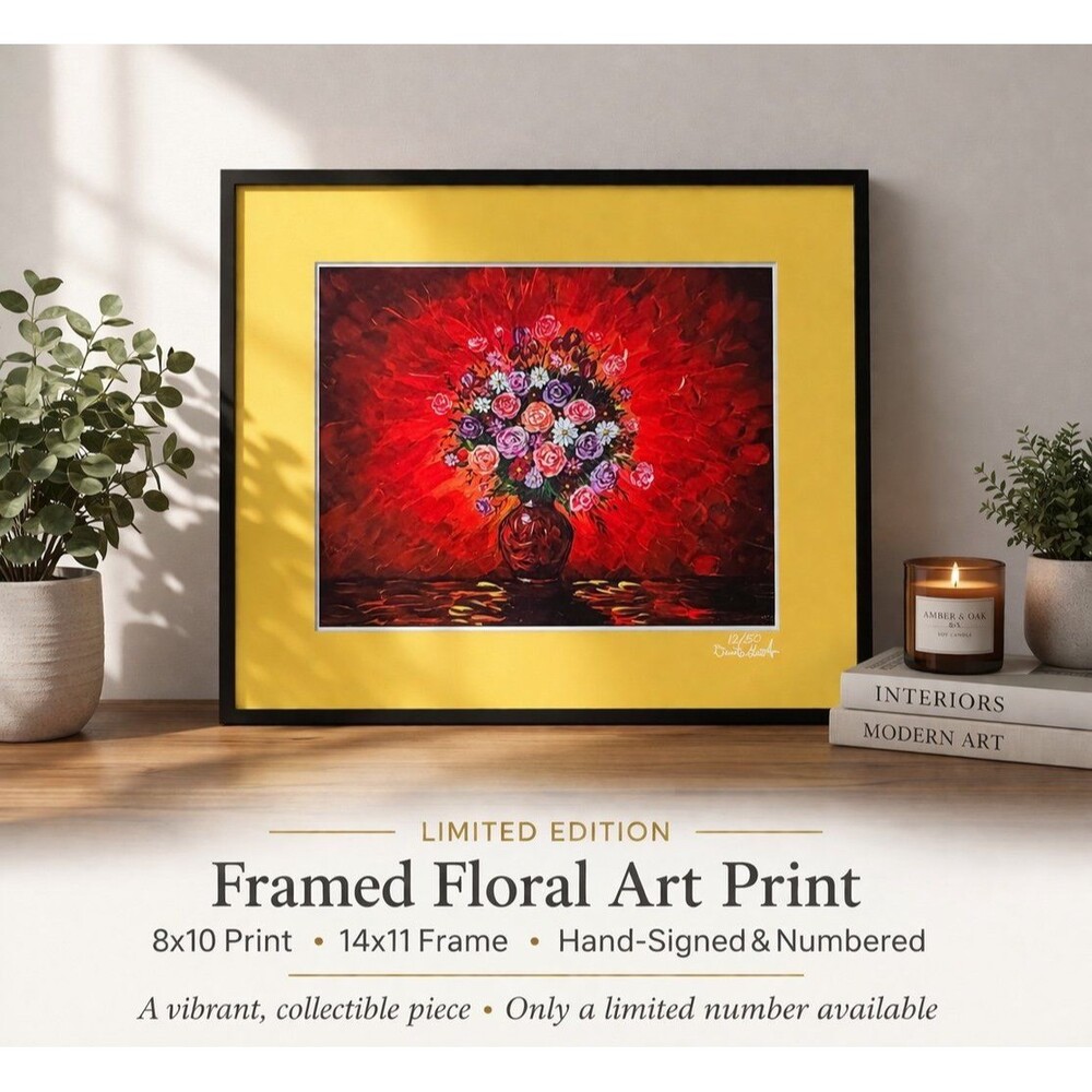 Limited Edition Matted Floral Art Print 8x10 – Bold Red Bouquet Wall Decor